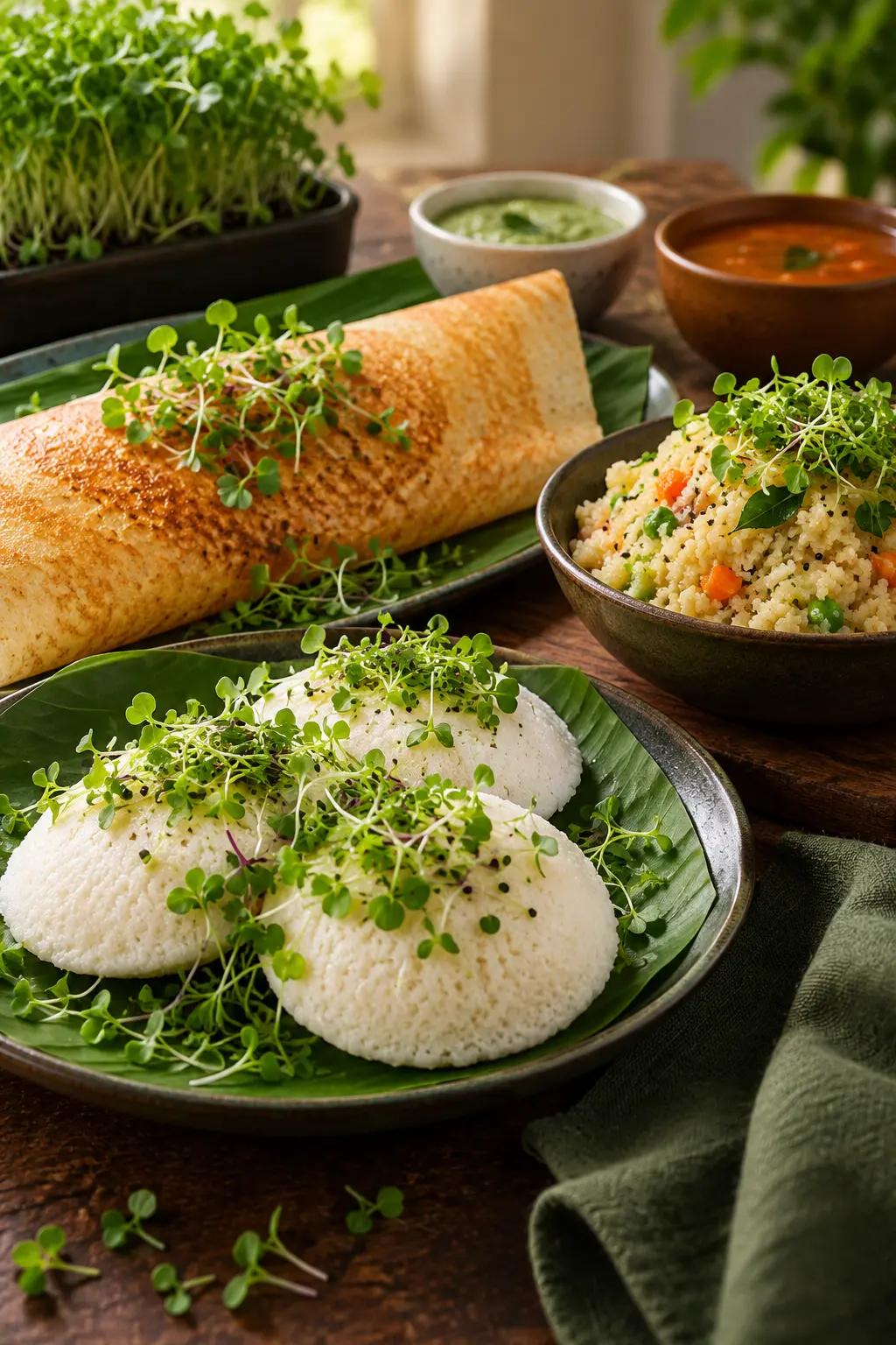 Top Idli, Dosa and Upma with fresh microgreens