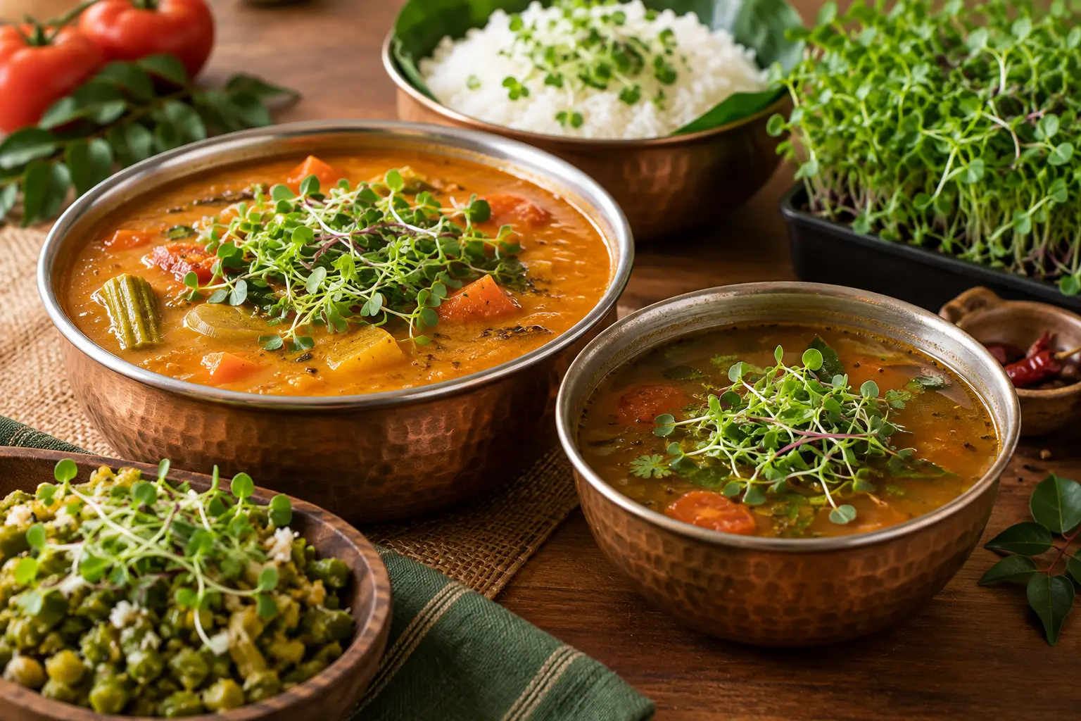 Stir microgreens into Sambar and Rasam