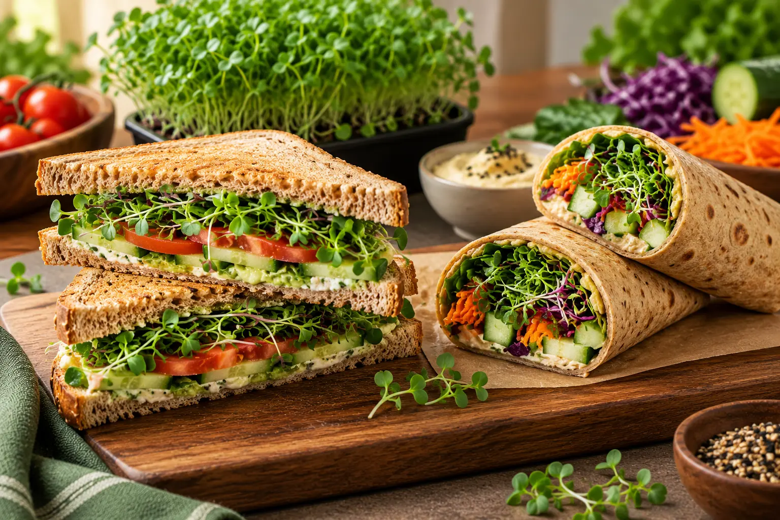 Layer microgreens into sandwiches and wraps